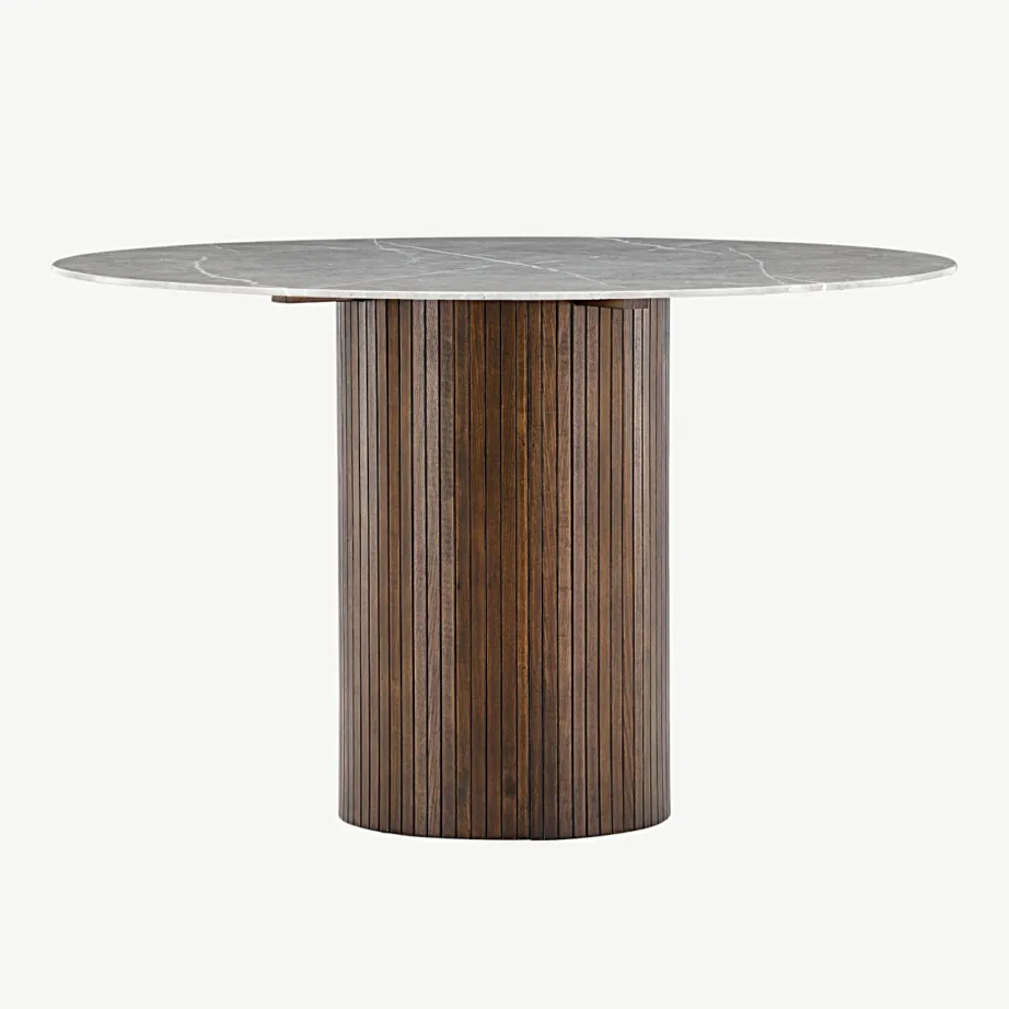 Ümmargune kivimustriga söögilaud Austin, karastatud klaasist lauaplaat, mokka tooni saarepuidust jalg, Ø120 cm, 19996-528 - 6