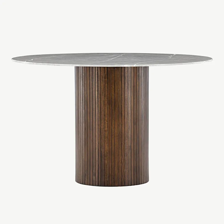 Ümmargune kivimustriga söögilaud Austin, karastatud klaasist lauaplaat, mokka tooni saarepuidust jalg, Ø120 cm - 19996-528