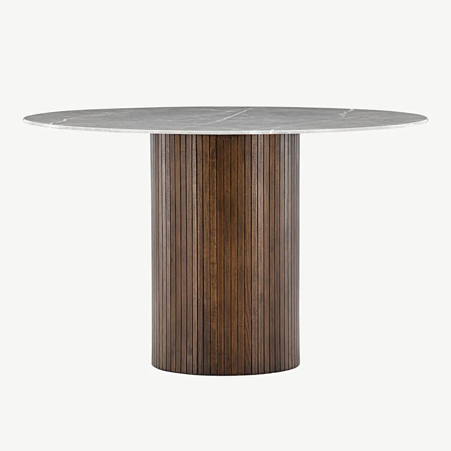 Ümmargune kivimustriga söögilaud Austin, karastatud klaasist lauaplaat, mokka tooni saarepuidust jalg, Ø120 cm, 19996-528 - 7