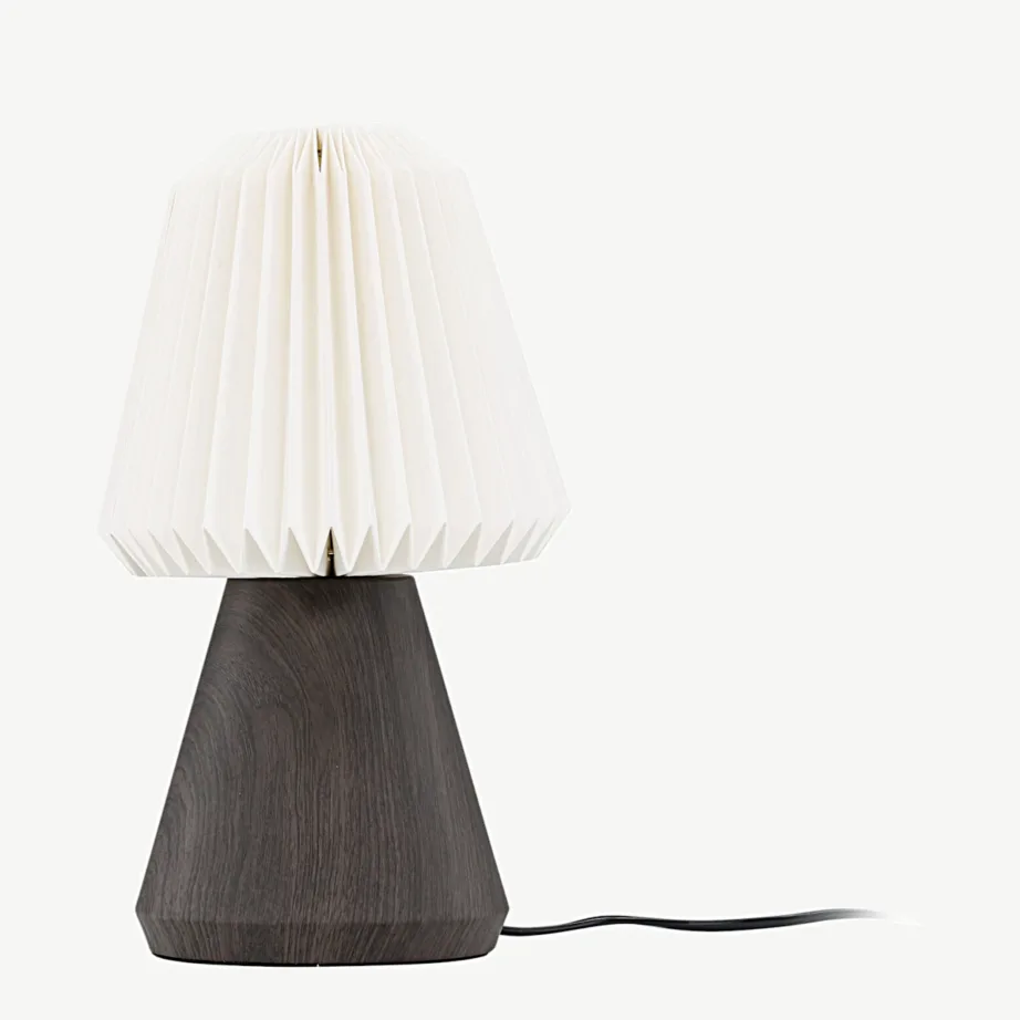 Pähklipuidust laualamp Fjällen, koonilise alusega, voltpaberist valge lambivarjuga, 33×20 cm, 20025-125 – 6