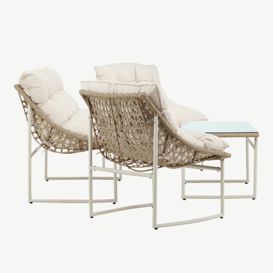 Tina aiamööbli komplekt terasraami ja pehmete beežide patjadega, 2043-222 – 2