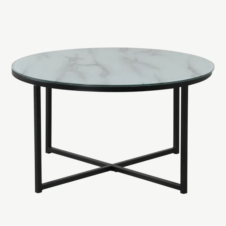 Ümmargune valge klaasist diivanilaud Rock marmori imitatsiooniga, mustad terasjalad, ø80 cm - 29906-328