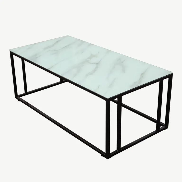 Diivanilaud Rock 2.0 valge marmorit imiteeriva klaasplaadiga, musta terasraamiga, 120 × 60 cm - 29915-328