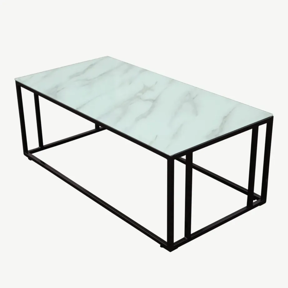 Diivanilaud Rock 2.0 valge marmorit imiteeriva klaasplaadiga, musta terasraamiga, 120 × 60 cm, 29915-328