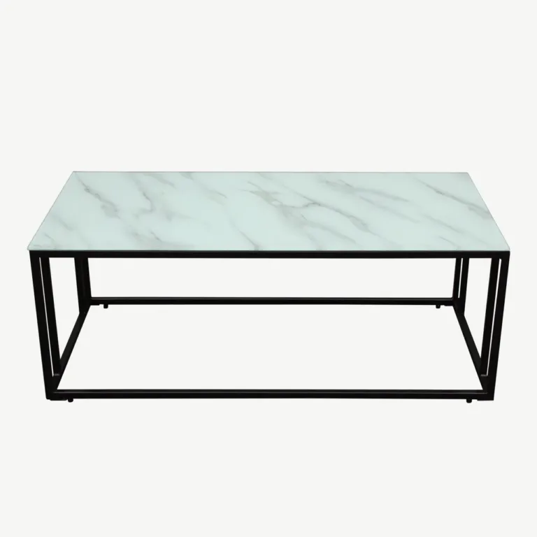 Diivanilaud Rock 2.0 valge marmorit imiteeriva klaasplaadiga, musta terasraamiga, 120 × 60 cm - 29915-328