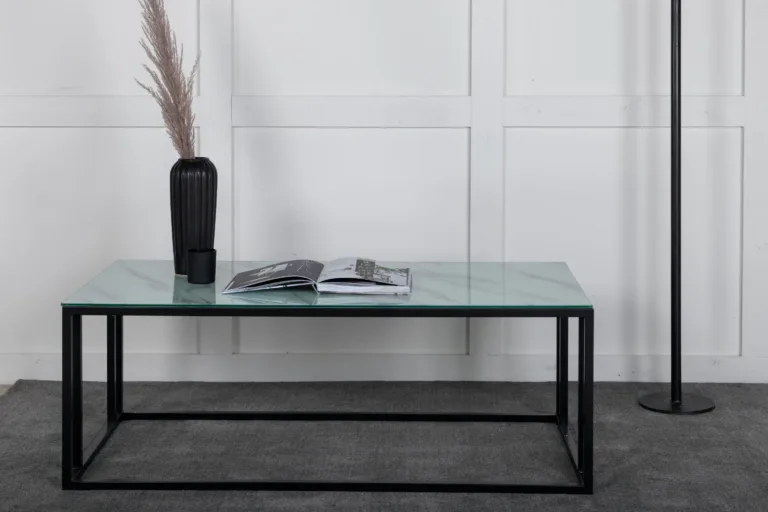 Diivanilaud Rock 2.0 valge marmorit imiteeriva klaasplaadiga, musta terasraamiga, 120 × 60 cm - 29915-328