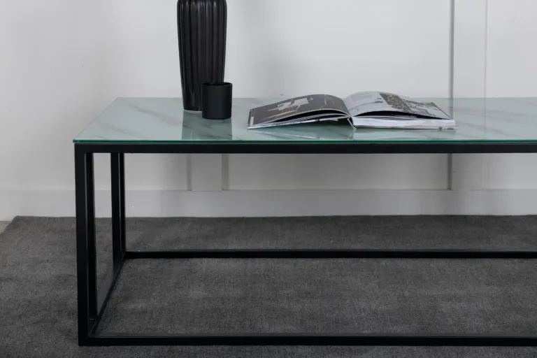 Diivanilaud Rock 2.0 valge marmorit imiteeriva klaasplaadiga, musta terasraamiga, 120 × 60 cm - 29915-328