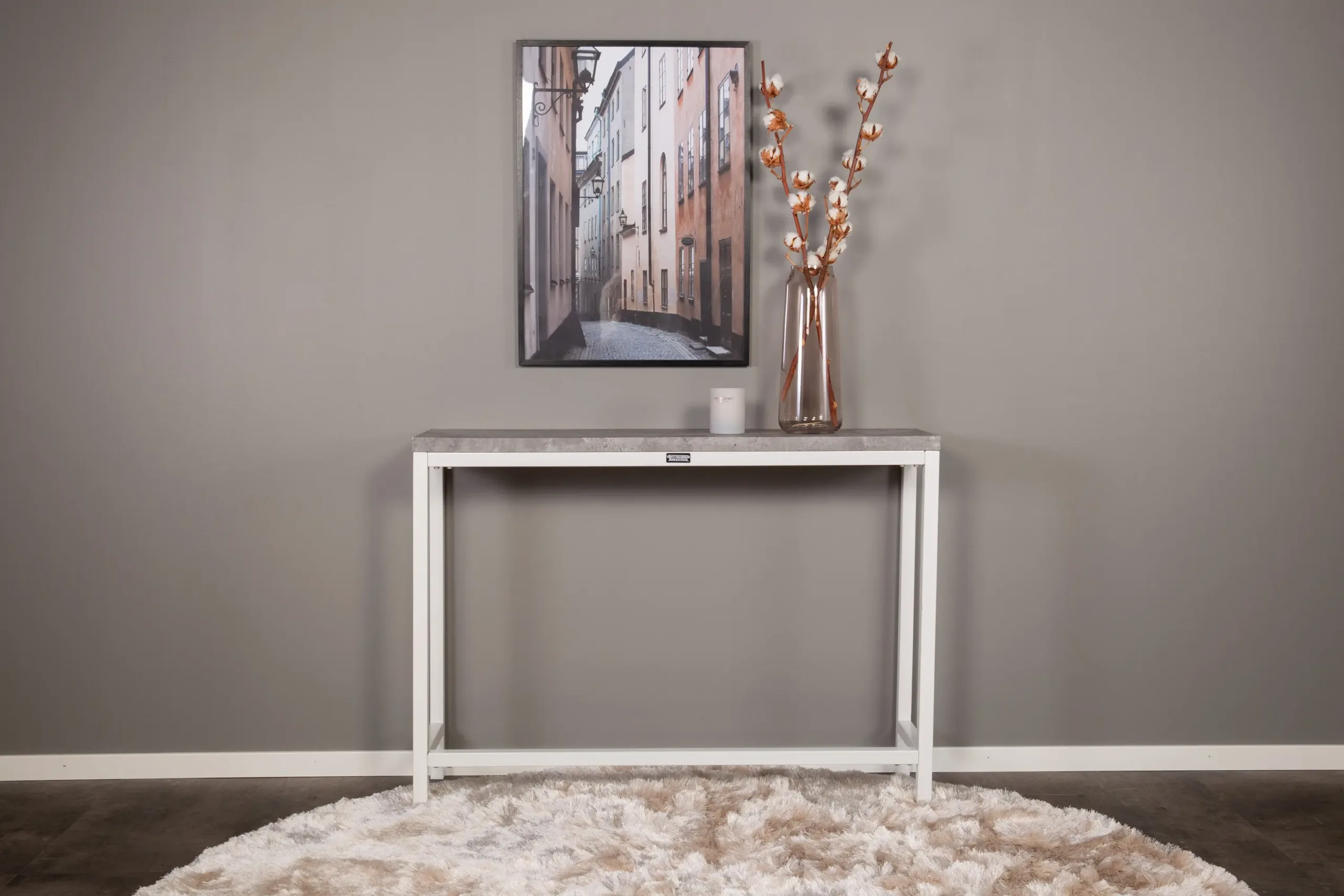 Kõrge valge raamiga abilaud Rise, betooni imitatsiooniga lauaplaat, 110 × 30 × 80 cm - 29918-660