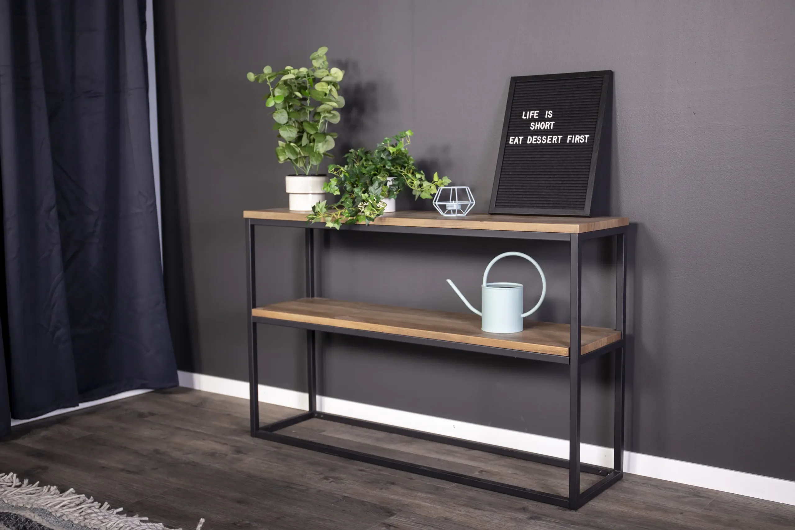 Kahe riiuliga metallist konsoollaud pähkliviimistlusega Rise (pähkel/tiigipuu, 110x30 cm) - 29992-778