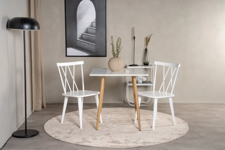 Valge skandinaavia söögilaud Polar, 80x80 cm, MDF-plaadist ja puidutooni terasjalgadel - 29995-120