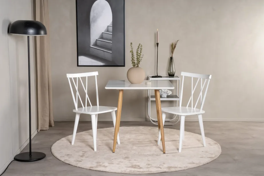 Valge skandinaavia söögilaud Polar, 80×80 cm, MDF-plaadist ja puidutooni terasjalgadel, 29995-120 - 2