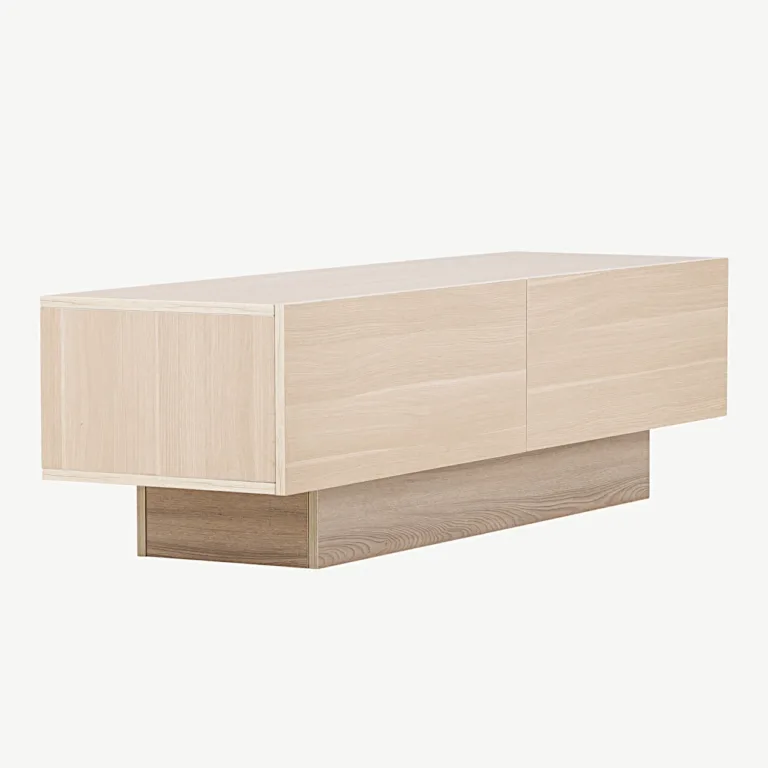 Valge peitsiga MDF TV-alus Cuenca klaasriiuliga, 160 cm - 30168-130