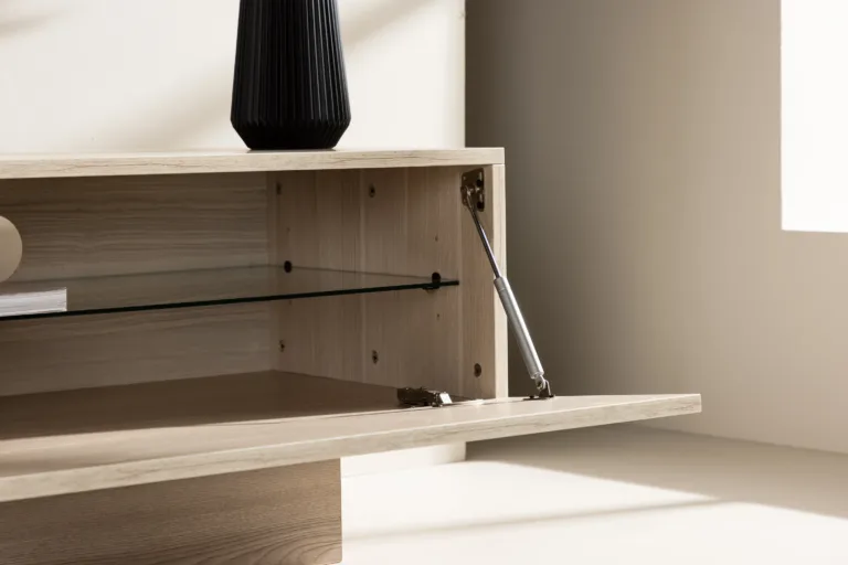 Valge peitsiga MDF TV-alus Cuenca klaasriiuliga, 160 cm - 30168-130