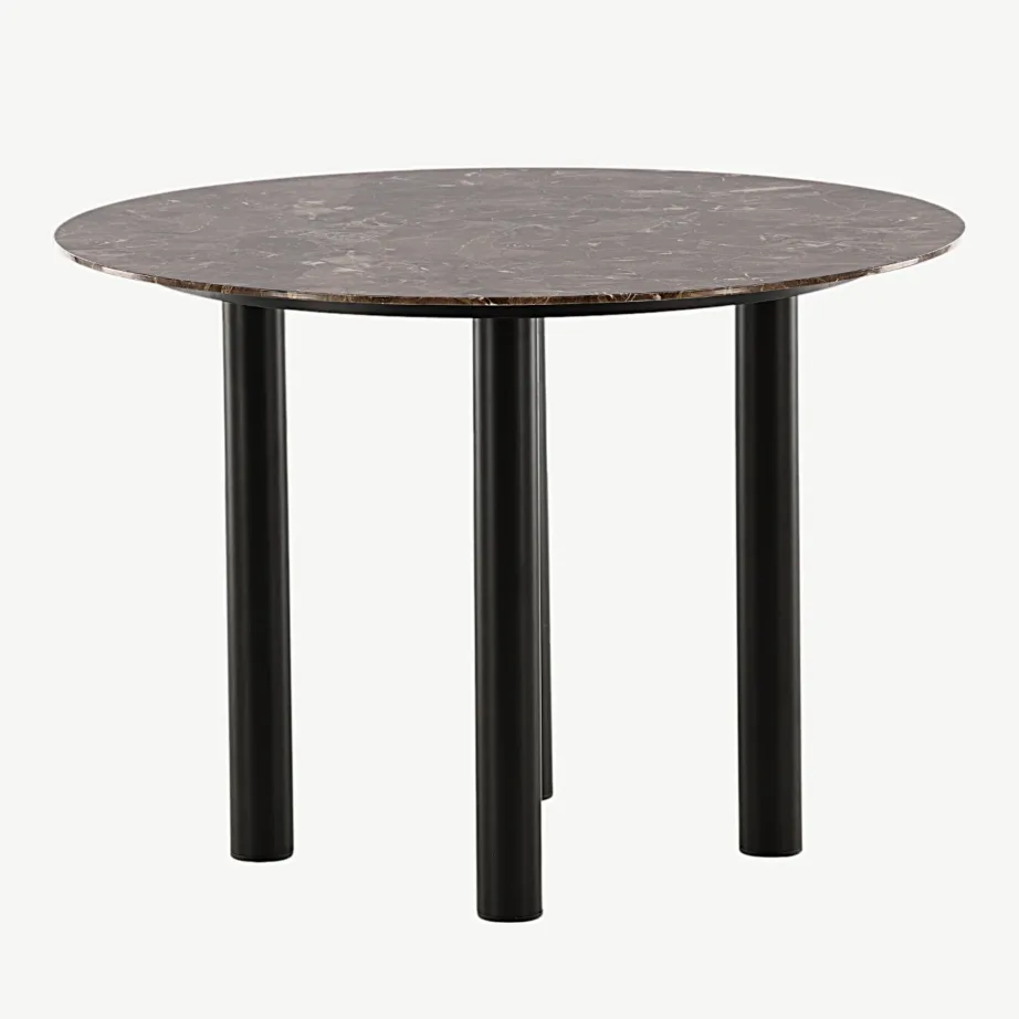 Ümmargune söögilaud Havsteni pruunist marmormustriga klaasist lauaplaadi ja mustade metalljalgadega, ø106 cm, 46100-150 – 2