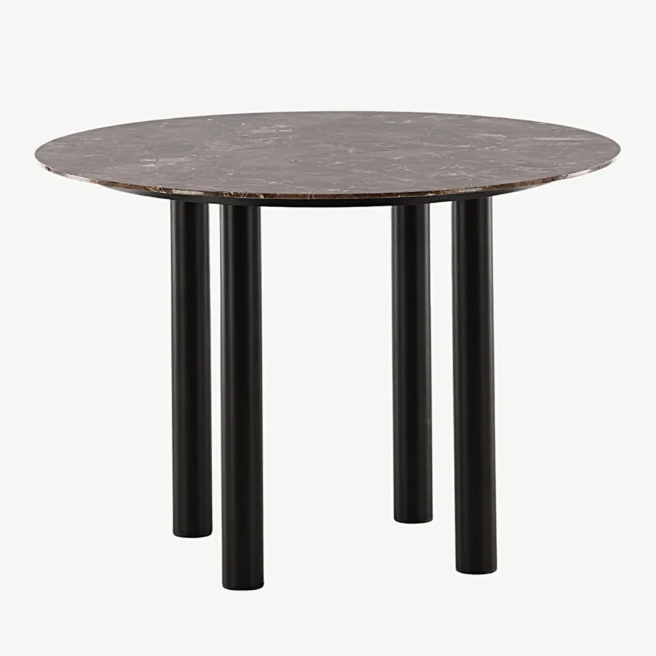 Ümmargune söögilaud Havsteni pruunist marmormustriga klaasist lauaplaadi ja mustade metalljalgadega, ø106 cm, 46100-150 – 3