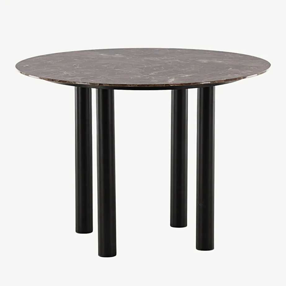 Ümmargune söögilaud Havsteni pruunist marmormustriga klaasist lauaplaadi ja mustade metalljalgadega, ø106 cm, 46100-150 – 5