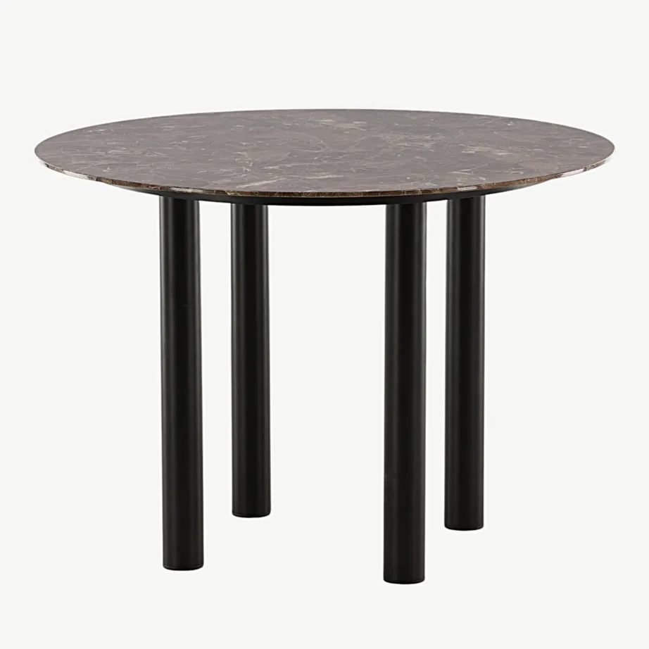 Ümmargune söögilaud Havsteni pruunist marmormustriga klaasist lauaplaadi ja mustade metalljalgadega, ø106 cm, 46100-150 – 6
