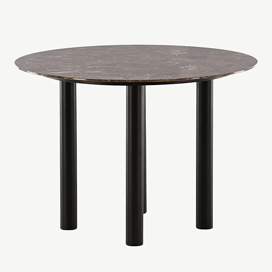 Ümmargune söögilaud Havsteni pruunist marmormustriga klaasist lauaplaadi ja mustade metalljalgadega, ø106 cm, 46100-150 – 7