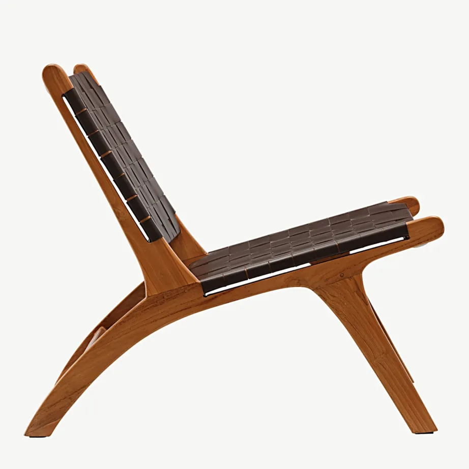 Rike lounge-tugitool tiigipuidust raamiga ja pruunist punutud PU-st, 47000-090 – 2