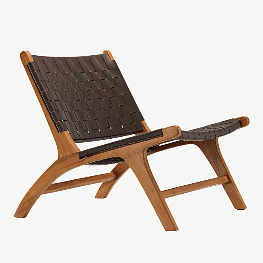 Rike lounge-tugitool tiigipuidust raamiga ja pruunist punutud PU-st, 47000-090 – 3