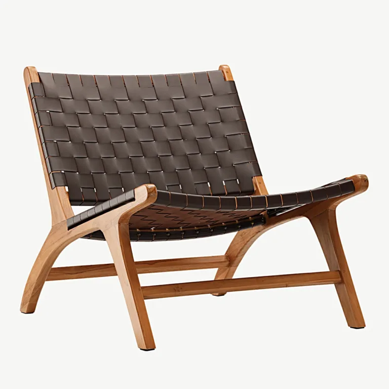 Rike lounge-tugitool tiigipuidust raamiga ja pruunist punutud PU-st - 47000-090