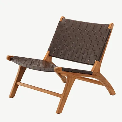Rike lounge-tugitool tiigipuidust raamiga ja pruunist punutud PU-st - 47000-090