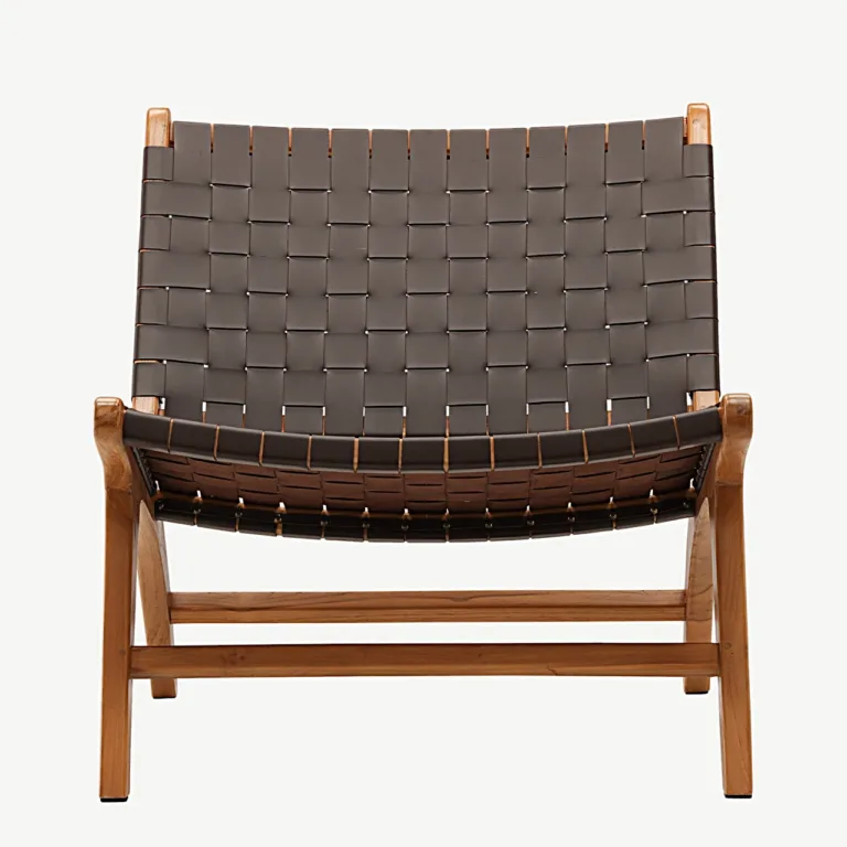 Rike lounge-tugitool tiigipuidust raamiga ja pruunist punutud PU-st - 47000-090