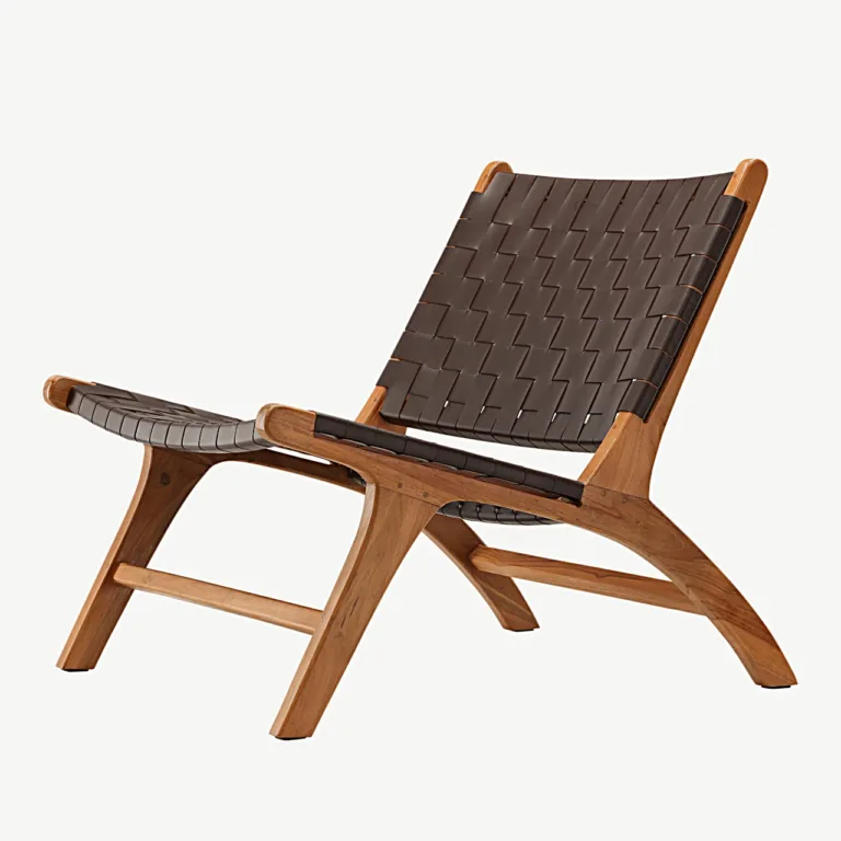Rike lounge-tugitool tiigipuidust raamiga ja pruunist punutud PU-st - 47000-090