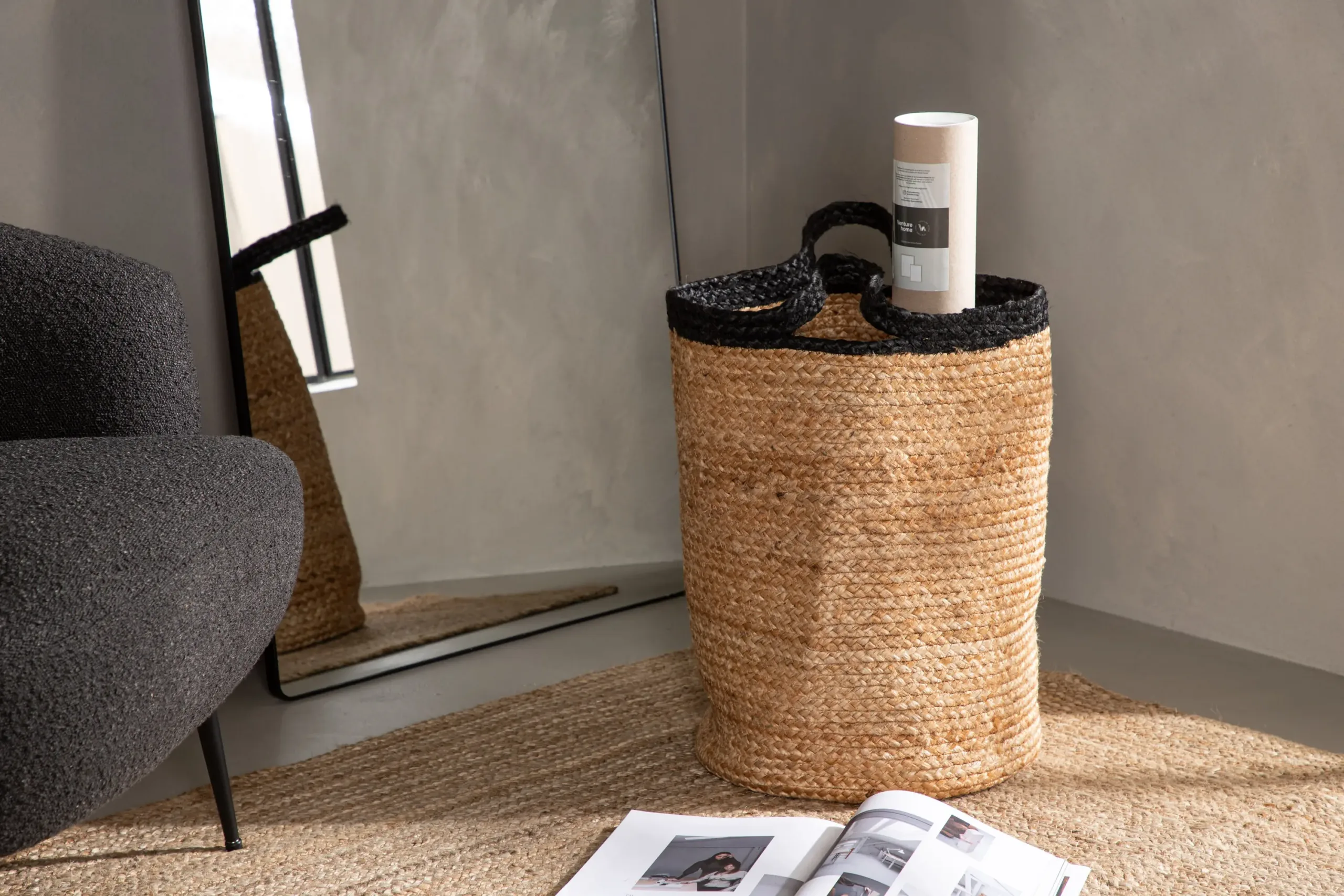 Punutud jute hoiukorv Pune, looduslik/musta äärega, ø35 cm - 60003-101