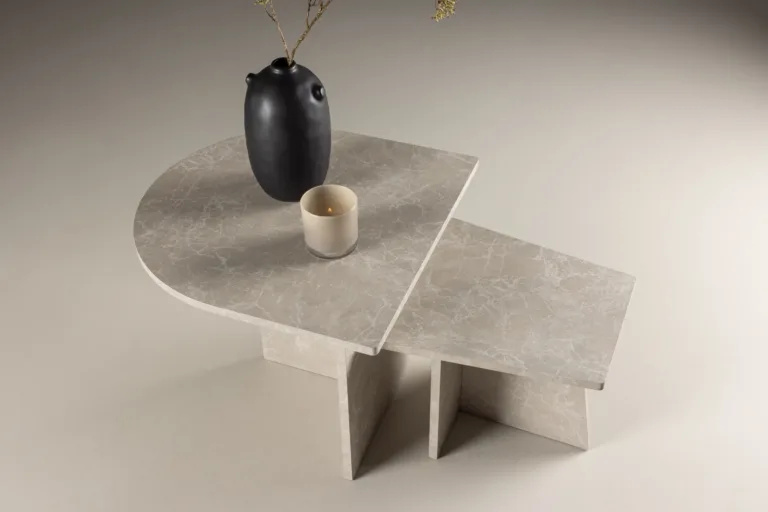 Beež marmorimustriga MDF-ist diivanilaud Sala, poolring, 60 cm - 61186-121