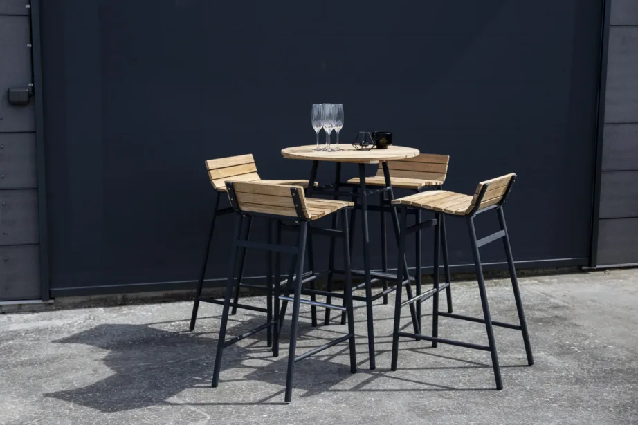 Akaatsiapuidust ja musta terasraamiga baarikomplekt Mexico (1 ümmargune laud, 4 baaritooli), 9584-520 – 2