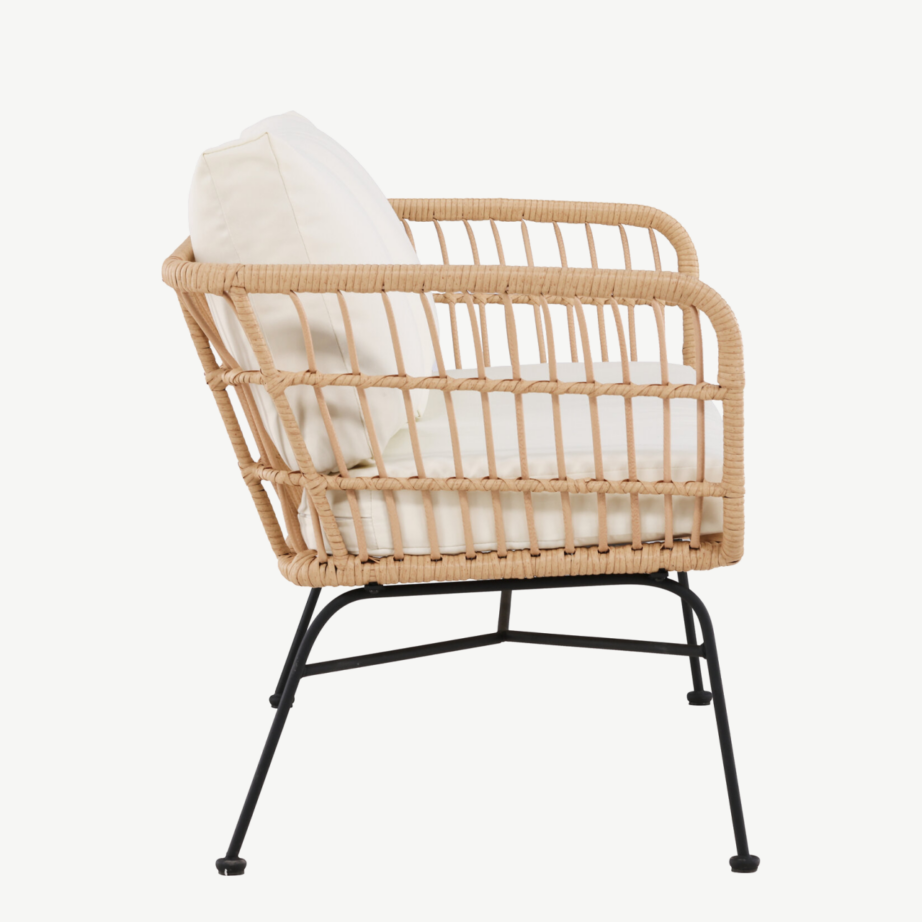 Aiamööbli diivan Isola, 3-kohaline, naturaalne rattan ja must teras, beežid padjad, 9796-000 – 2