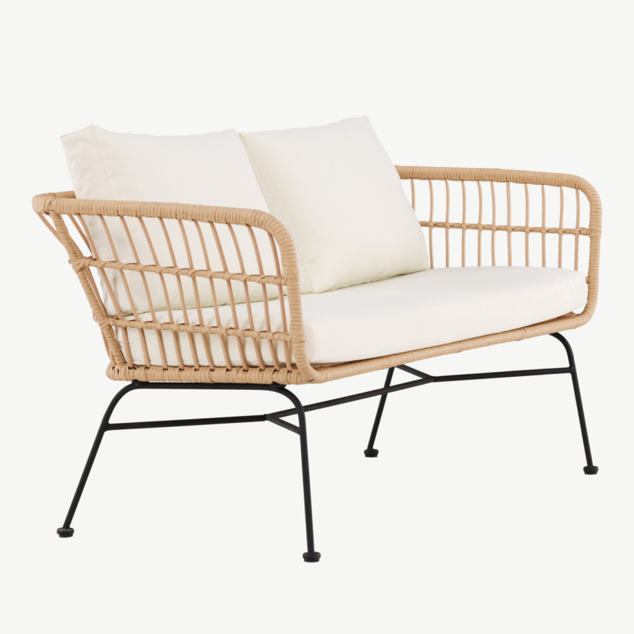 Aiamööbli diivan Isola, 3-kohaline, naturaalne rattan ja must teras, beežid padjad, 9796-000 – 3