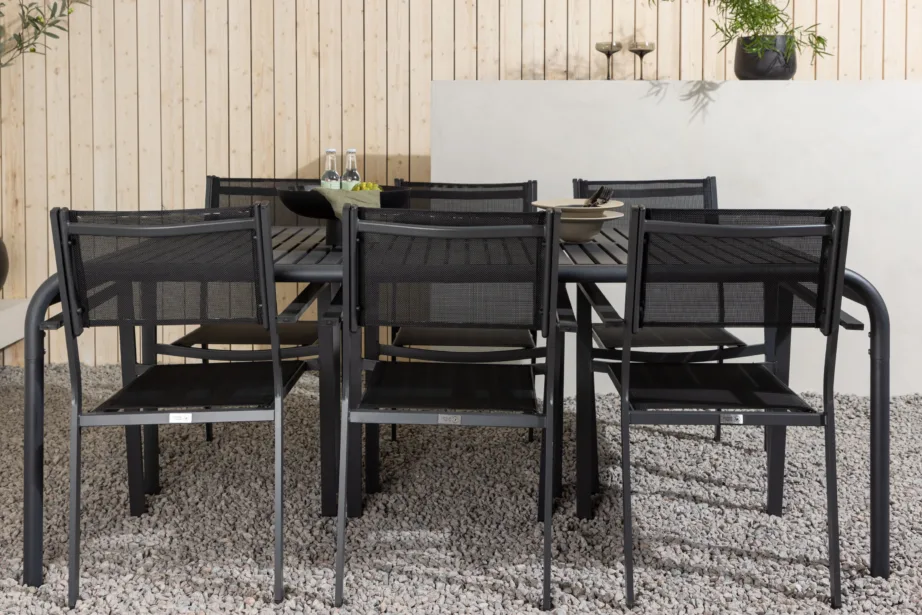 Aiamööbli komplekt Borneo – must alumiinium laud ja virnastatavad toolid (6 tk), GR23332 – 10