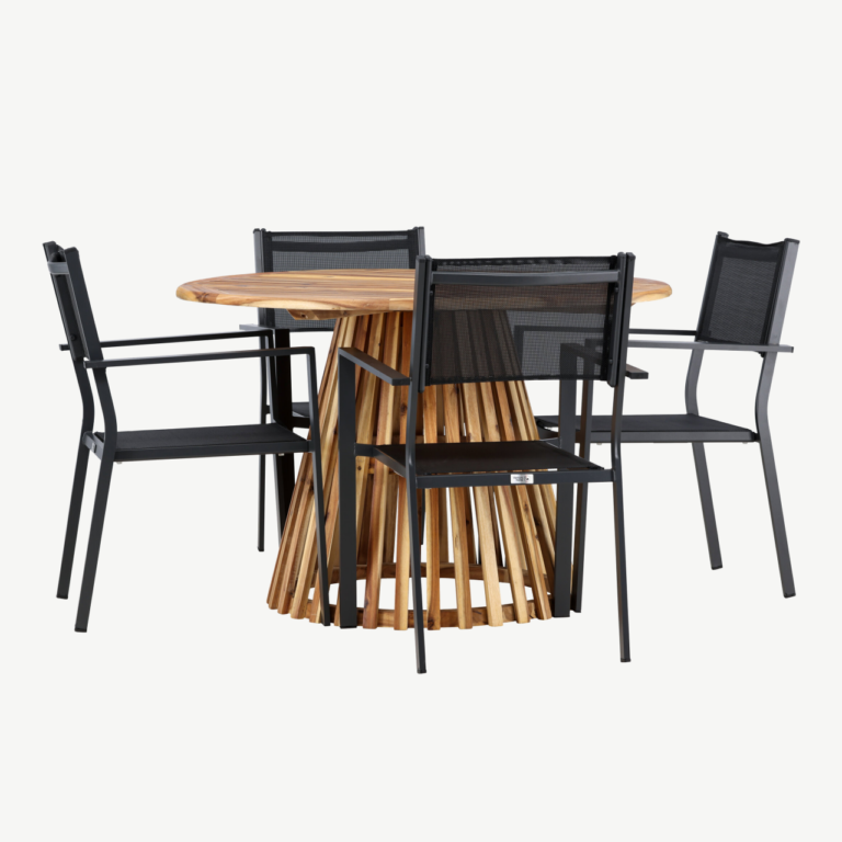 Aiamööbli komplekt Lumpur laud ja Copacabana toolid (akaatsiapuit, must alumiinium, ø120 cm) - GR24349