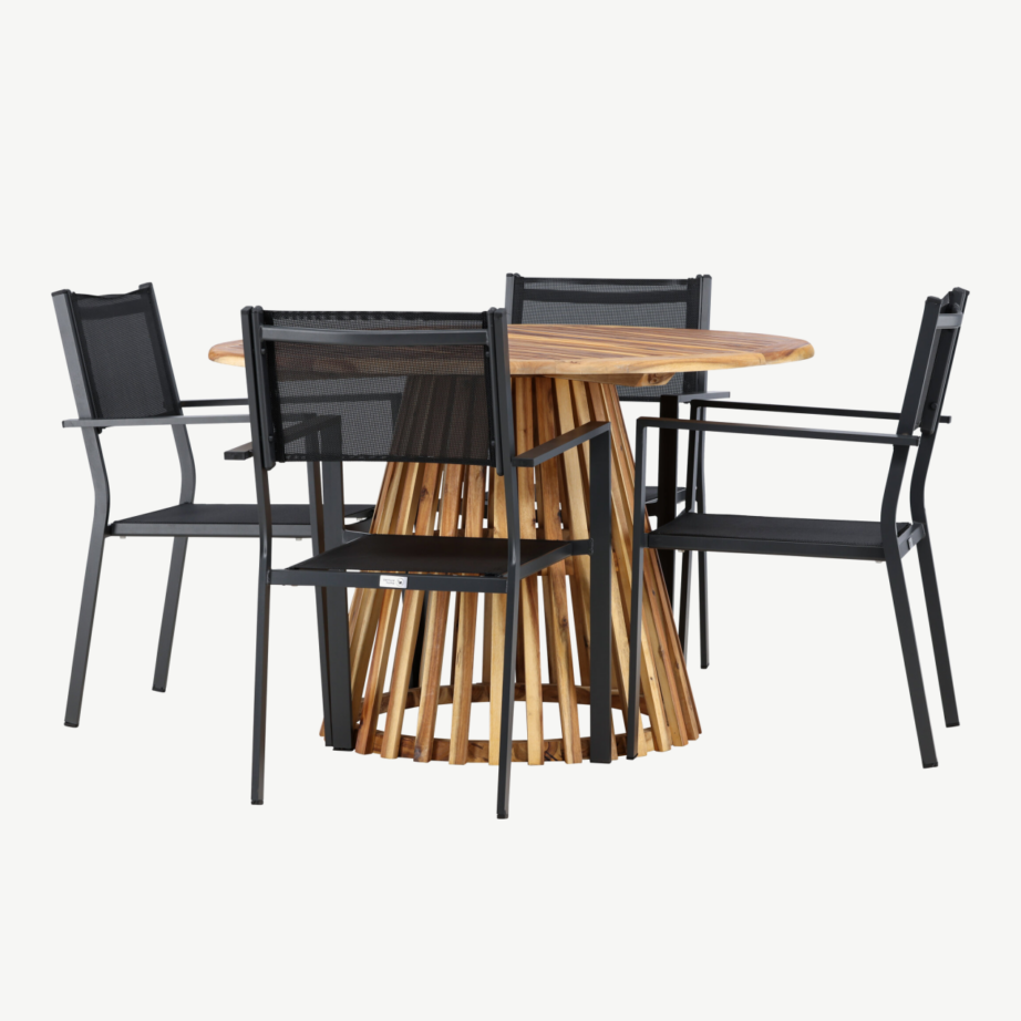 Aiamööbli komplekt Lumpur laud ja Copacabana toolid (akaatsiapuit, must alumiinium, ø120 cm), GR24349 – 4