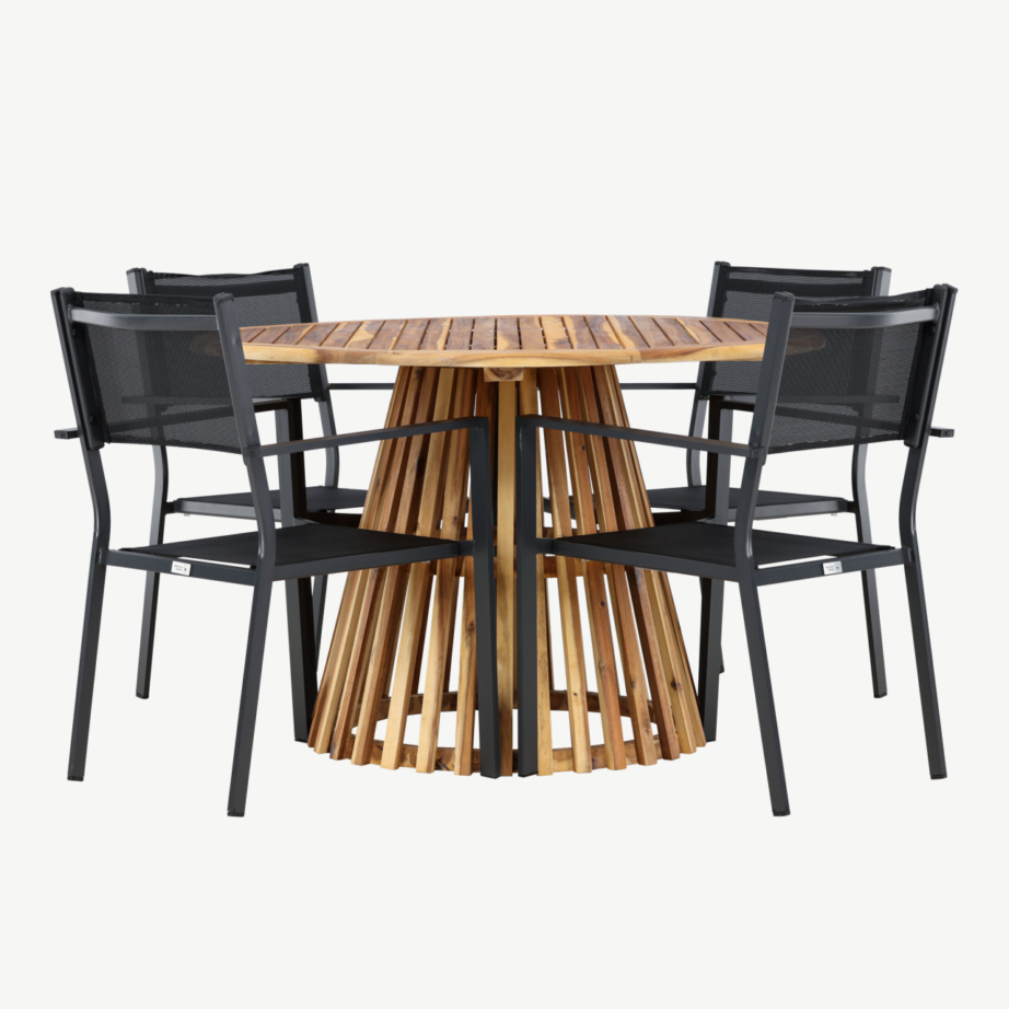 Aiamööbli komplekt Lumpur laud ja Copacabana toolid (akaatsiapuit, must alumiinium, ø120 cm), GR24349 – 5