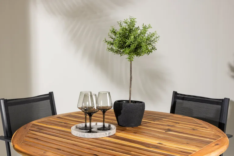 Aiamööbli komplekt Lumpur laud ja Copacabana toolid (akaatsiapuit, must alumiinium, ø120 cm) - GR24349