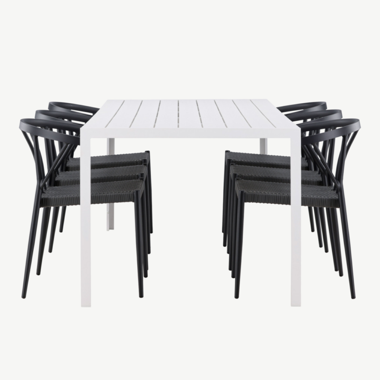 Aiamööbli söögikomplekt Break/Stina (valge laud, 6 musta punutud tooli, alumiinium) - GR24302