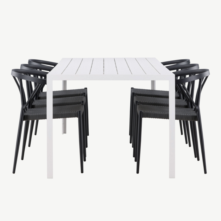 Aiamööbli söögikomplekt Break/Stina (valge laud, 6 musta punutud tooli, alumiinium), GR24302 – 2