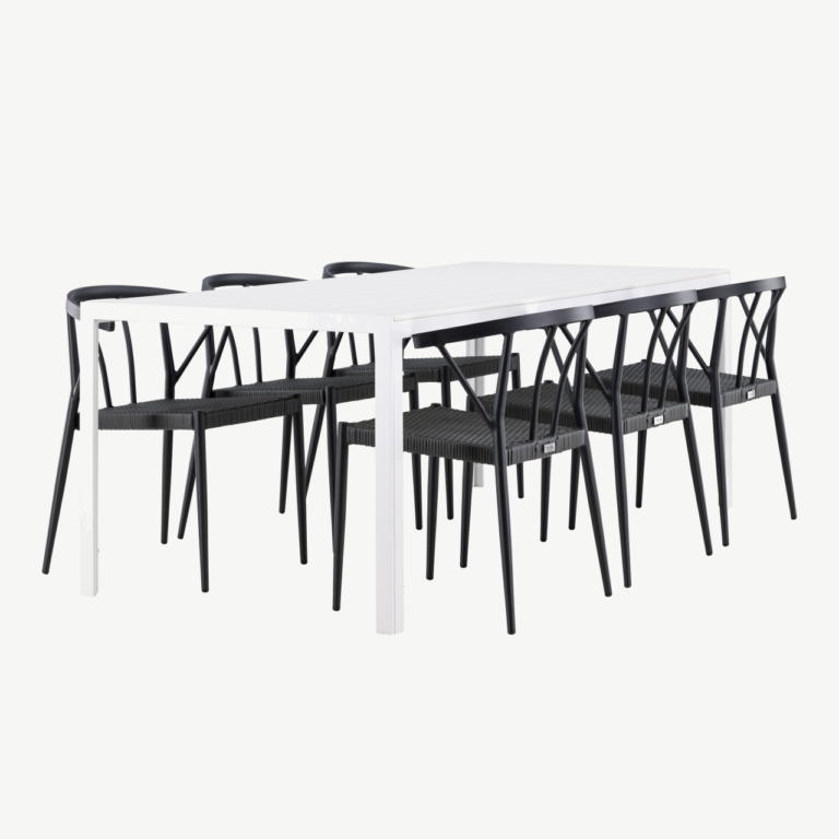 Aiamööbli söögikomplekt Break/Stina (valge laud, 6 musta punutud tooli, alumiinium) - GR24302