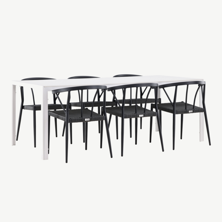 Aiamööbli söögikomplekt Break/Stina (valge laud, 6 musta punutud tooli, alumiinium) - GR24302