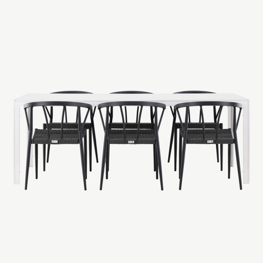 Aiamööbli söögikomplekt Break/Stina (valge laud, 6 musta punutud tooli, alumiinium), GR24302 – 5