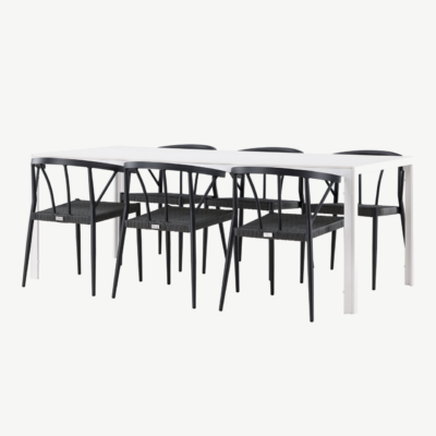 Aiamööbli söögikomplekt Break/Stina (valge laud, 6 musta punutud tooli, alumiinium) - GR24302