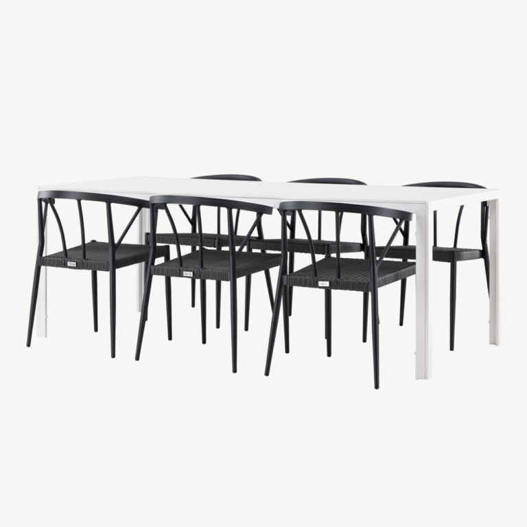 Aiamööbli söögikomplekt Break/Stina (valge laud, 6 musta punutud tooli, alumiinium) - GR24302