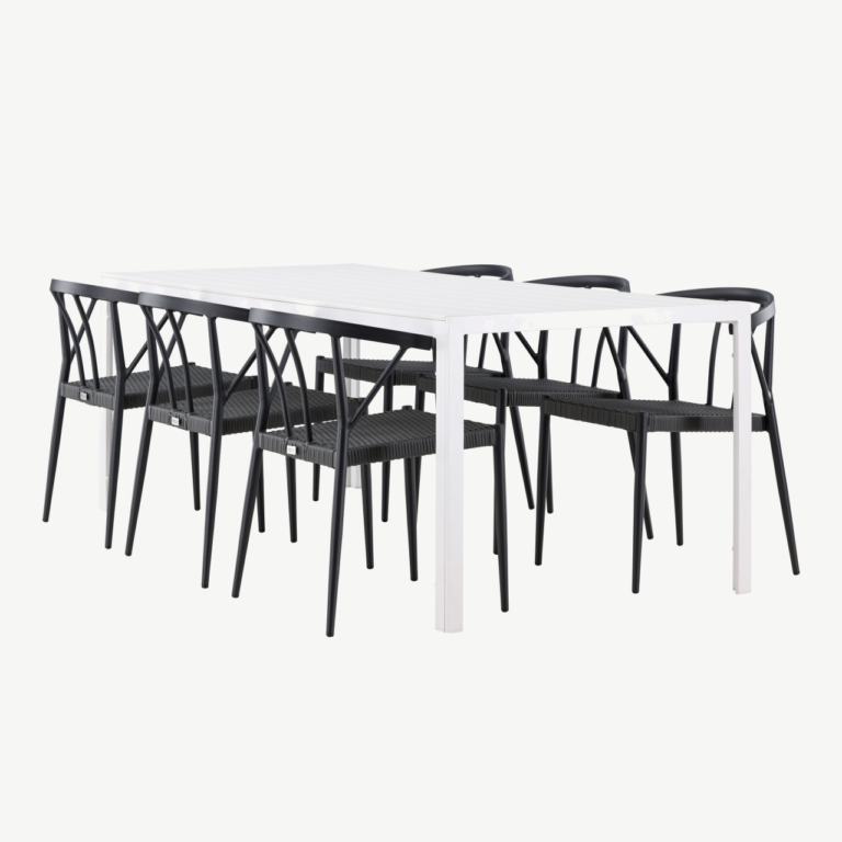 Aiamööbli söögikomplekt Break/Stina (valge laud, 6 musta punutud tooli, alumiinium) - GR24302