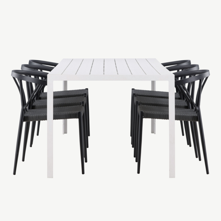 Aiamööbli söögikomplekt Break/Stina (valge laud, 6 musta punutud tooli, alumiinium) - GR24302