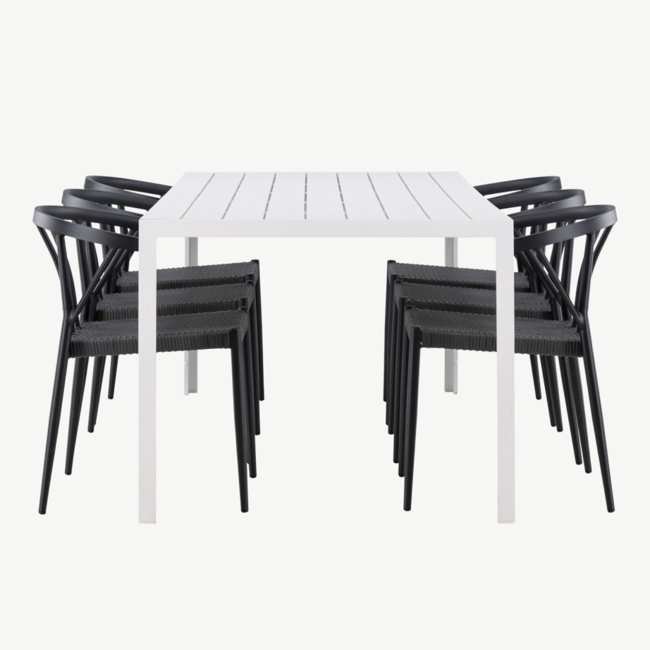 Aiamööbli söögikomplekt Break/Stina (valge laud, 6 musta punutud tooli, alumiinium), GR24302 – 7