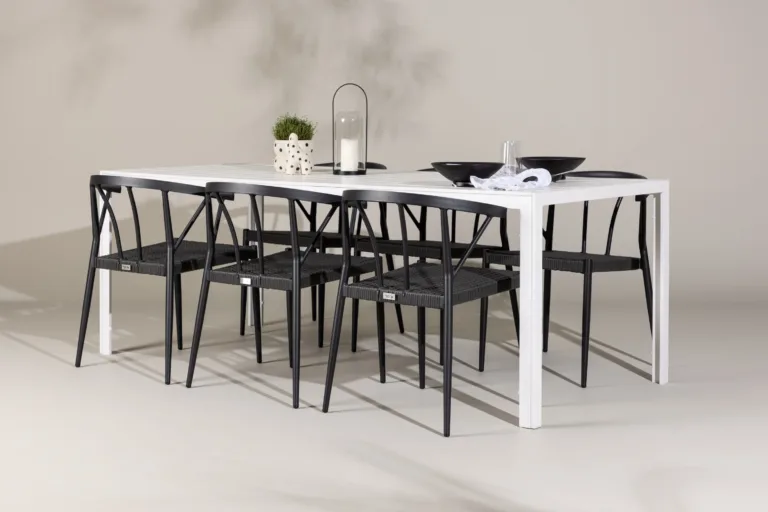 Aiamööbli söögikomplekt Break/Stina (valge laud, 6 musta punutud tooli, alumiinium) - GR24302