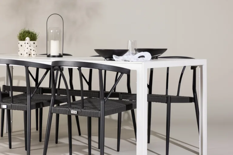 Aiamööbli söögikomplekt Break/Stina (valge laud, 6 musta punutud tooli, alumiinium) - GR24302